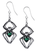 Antique Pewter Spider Earrings With Green Austrian Crystals