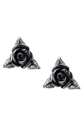 Black Rose Triangular Stud Earrings With Pewter Details