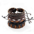 Brown & Black Leather Bracelet in Rock Style & Braided Rope Wristband Set of 5 Pcs