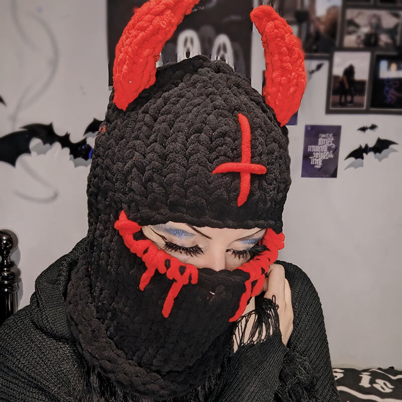 Demon Horn Knit Ski Mask Balaclava Hat