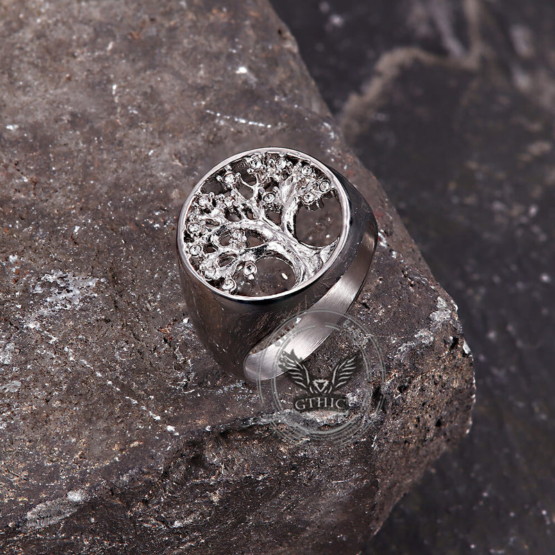 Gem Hollowed Tree of Life Stainless Steel Viking Ring
