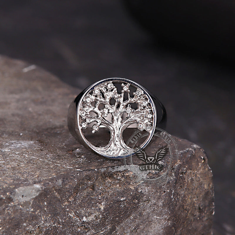 Gem Hollowed Tree of Life Stainless Steel Viking Ring