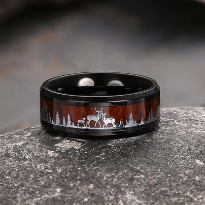 Forest Elk Wood Texture Stainless Steel Band Ring
