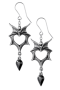 Gothic Bat Wing Heart Earrings With Black Crystal Drop