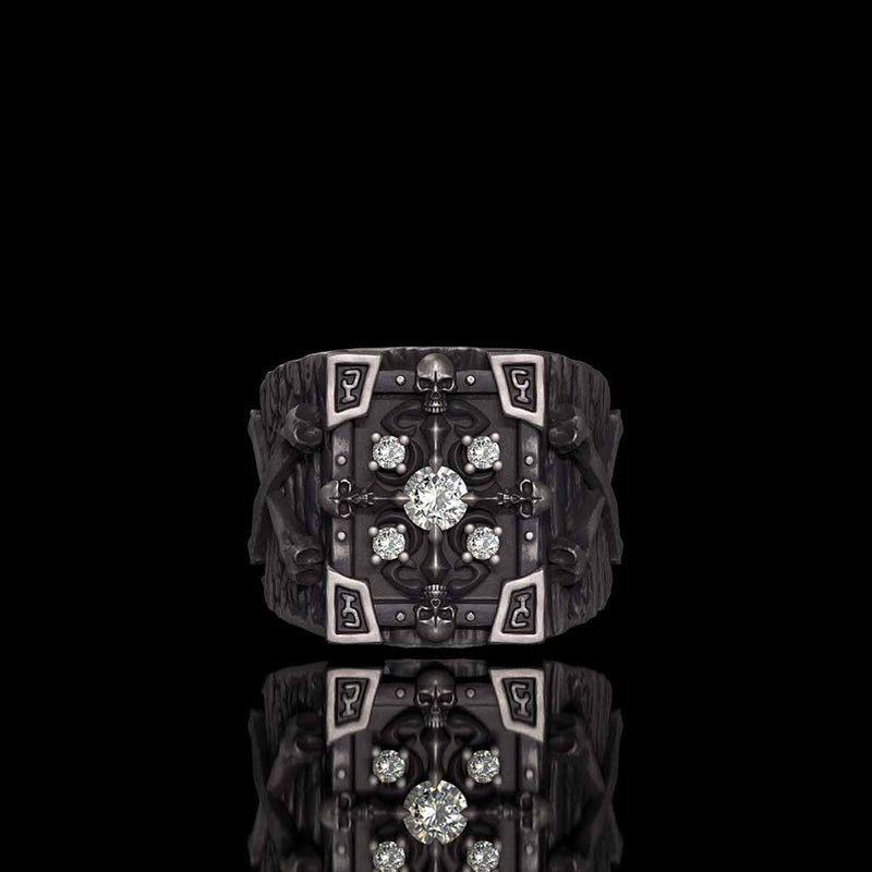 Gothic Multiple Skulls Cross Sterling Silver Zircon Ring