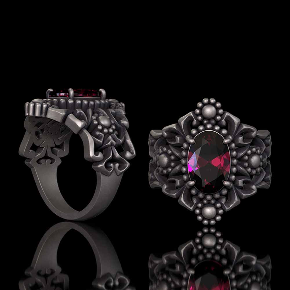 Gothic Sunflower Pattern Gemstone Sterling Silver Ring