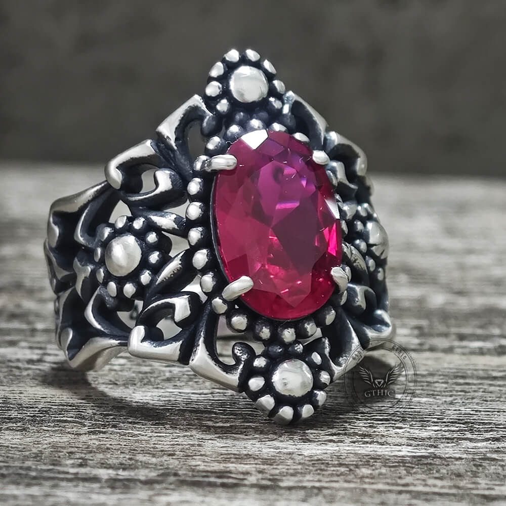 Gothic Sunflower Pattern Gemstone Sterling Silver Ring