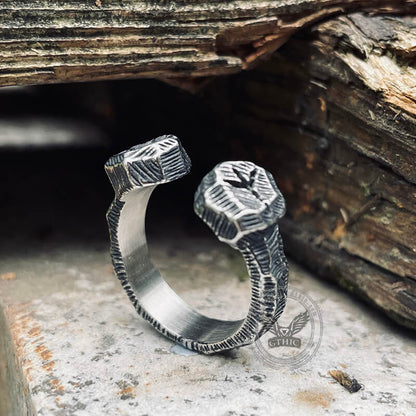 Hammered Pattern Runes Stainless Steel Open Ring