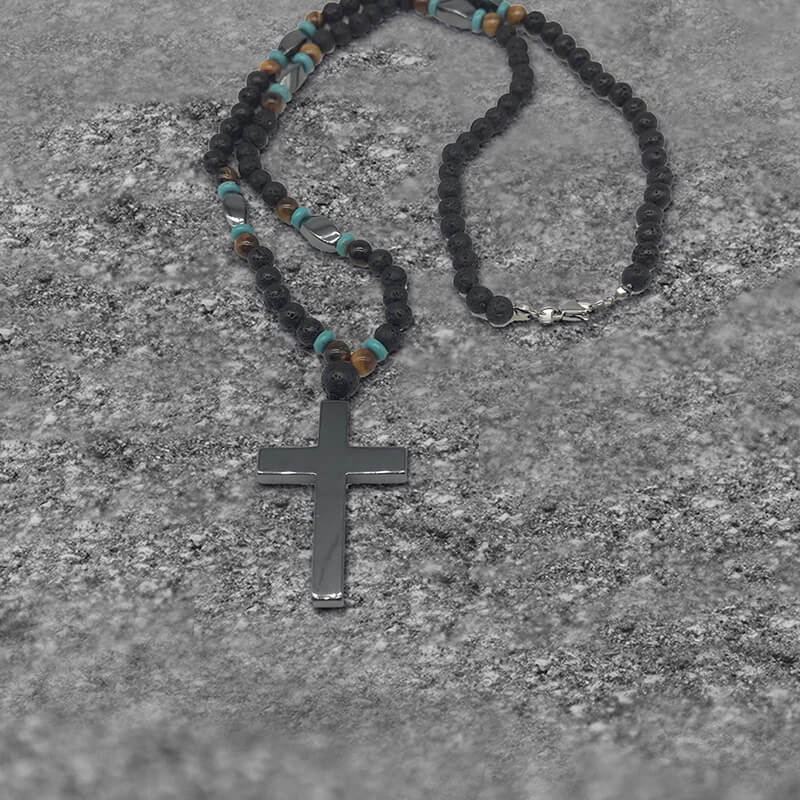 Latin Cross Stone Bead Biker Rosary Necklace