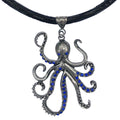 Large Pewter Octopus Pendant Choker Necklace With Blue Cz and Rhinestones on Thick Leather Cord