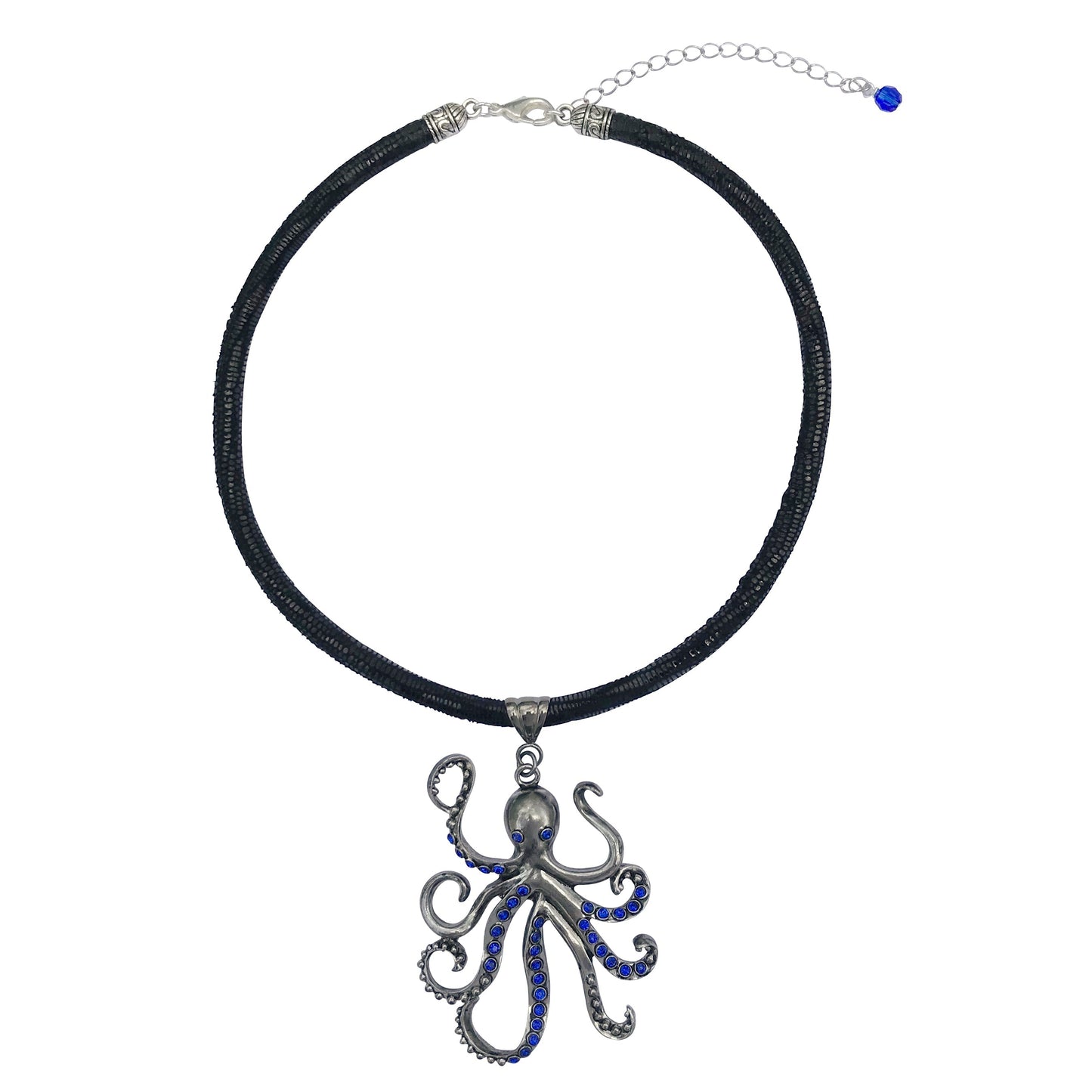 Large Pewter Octopus Pendant Choker Necklace With Blue Cz and Rhinestones on Thick Leather Cord