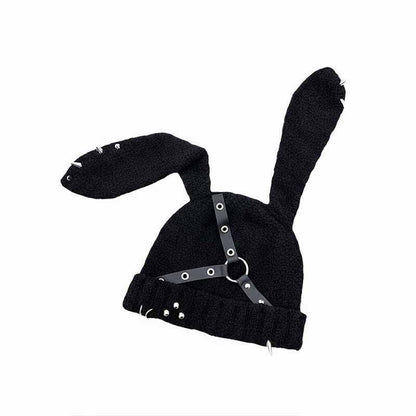 Punk Y2k Leather Buckle Rabbit Ear Rivet Design Hat