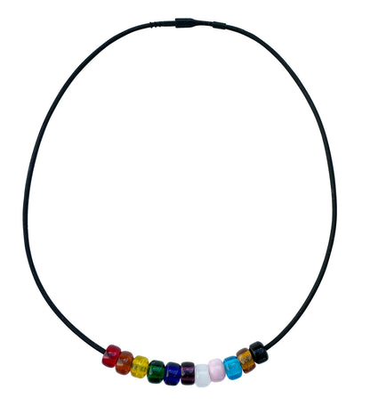 Rainbow Progress Pride Necklace With Czech Glass Beads on Black Rubber Cord, 18 Inches