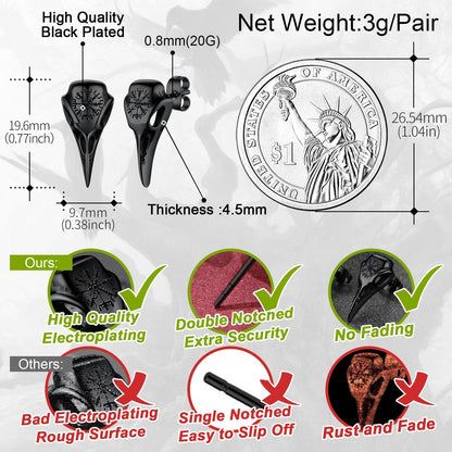 Viking Raven Skull Stud Earrings With Viking Vegvisir for