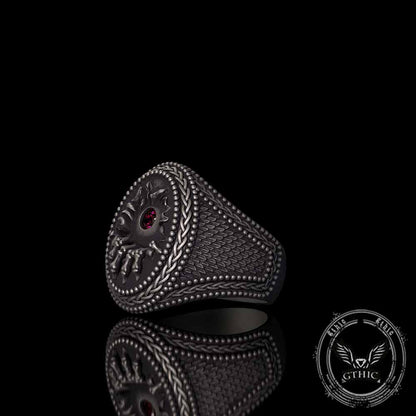 Red Zircon Eye Skull Hand Punk Sterling Silver Ring