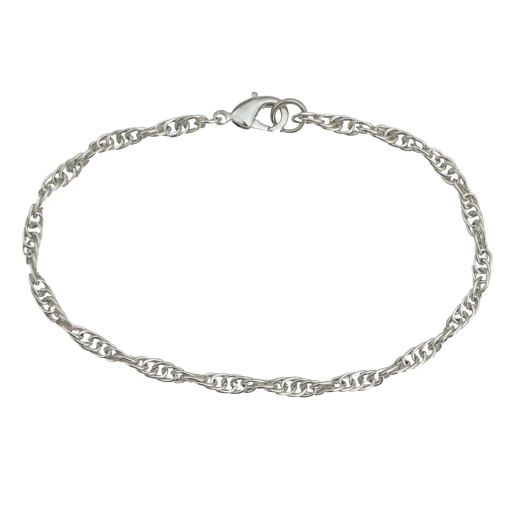 3mm Silver Plated Rope Chain Bracelet With Lobster Claw Clasp