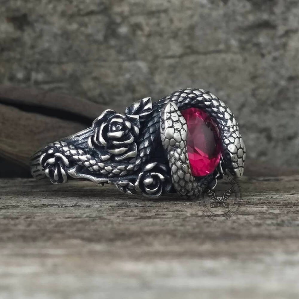 Rose Double Snake Entwined Gem Sterling Silver Ring