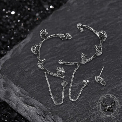 Skull Heads Stainless Steel Ear Cuffs Chain Earrings
