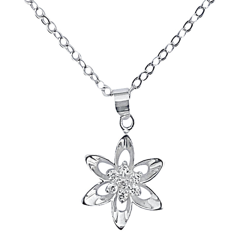 Sterling Silver Mini Cubic Zirconia Flower Pendant on Silver Cable Chain Necklace, 18