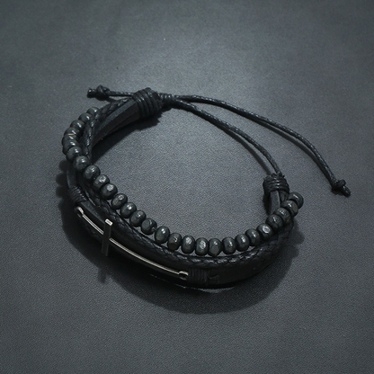 Leather Bracelets With Cross / Adjustable Wax Cord Bracelet in Rock Style