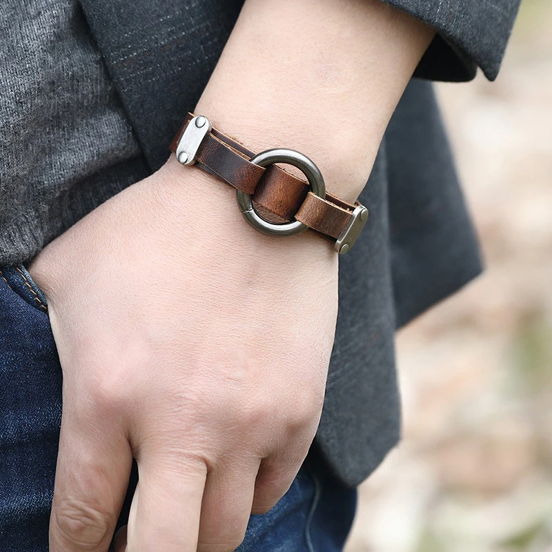 Pu Leather Bracelet With Rivets in Punk Style / Cool Bracelets With Alloy Circle for Biker