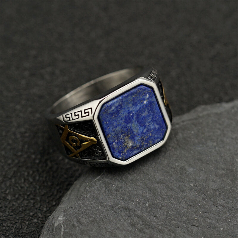 Frosted Lapis Lazuli Masonic Stainless Steel Ring