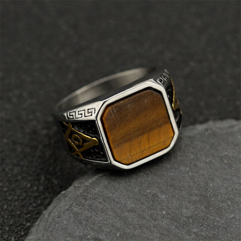 Frosted Lapis Lazuli Masonic Stainless Steel Ring