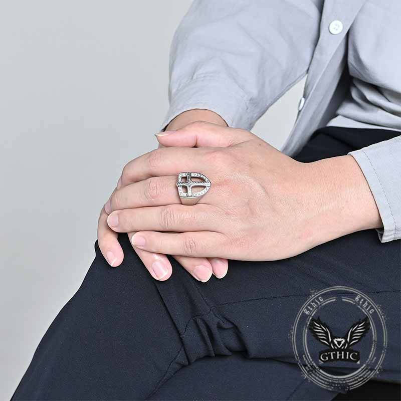 Shield Cross Diamond Stainless Steel Ring